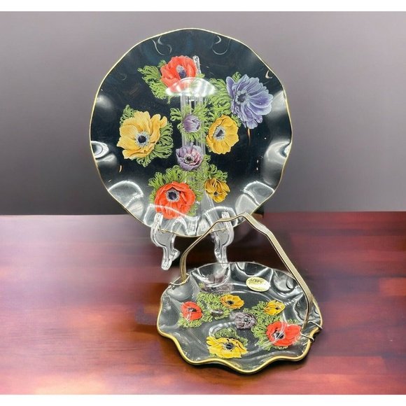 Floral Clear Glass Serving Plate Set Anemone Poppy Flower 1965 Vtg England - Picture 1 of 11